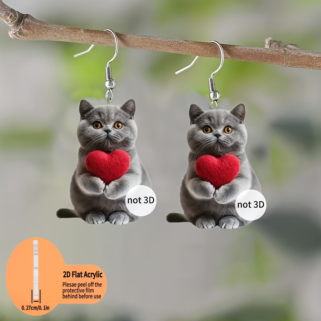 2D Acrylic Gray Cat Holding Heart Earrings Pendant Set